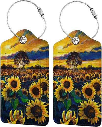 2-Pcs Beautiful Sunflower Leather Luggage Tags for Women Girls Suitcases, Art Yellow Floral Privacy Cover ID Label with Stainless Steel Loop and Address Card for Travel Bag Backpack