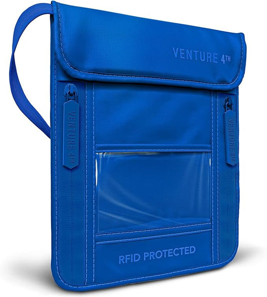 VENTURE 4TH Neck Wallet, RFID Blocking Passport Holder for Travel – Hidden Neck Pouch with 5 Compartments, Slim Lightweight Organizer with Adjustable Strap for Cash, Cards & Passport (Sleek Blue)