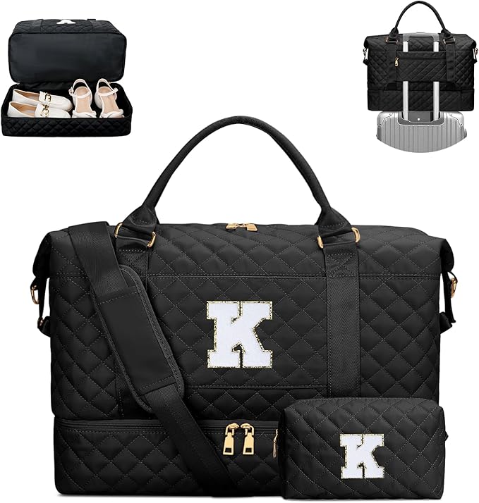 Gifts for Women Girls Initial Travel Duffle Bag Quilted Weekender Carry-On Overnight with Cosmetic Bag, Gym Bag with Shoe Compartment, Black K