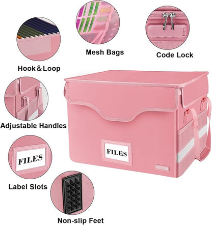 DocSafe Fireproof Document Box with Lock,File Storage Organizer with Pockets,Collapsible Portable File Box Home Office Safe Filing Cabinet with Handle for Hanging Letter/Legal Folders,Pink,2 Pack