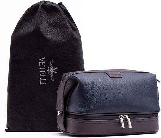 Vetell Leo Large Leather Men's Travel Toiletry and Shaving Case Bag with Upper and Lower Zippered Compartments, 3 Interior Loops and Carrying Handles