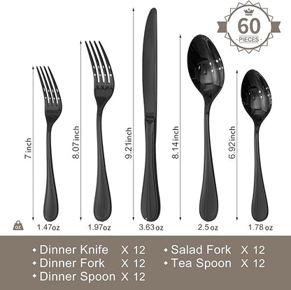 KINGSTONE 60 Piece Teardrop Silverware Set for 12, 18/10 Stainless Steel Flatware Set, Modern Design Cutlery Set for Home/Hotel/Wedding,Mirror Polished and Dishwasher Safe, Black