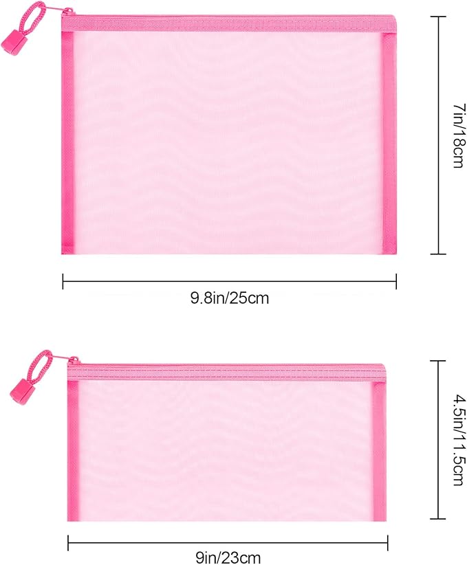 12 Pieces Zipper Nylon Mesh Pouch, Mesh Cosmetic Bags Makeup Bags Pencil Case, Multipurpose Travel Bags for Cosmetic School Office Supplies and Travel Accessories (Pink, A5+B6) (WB06)