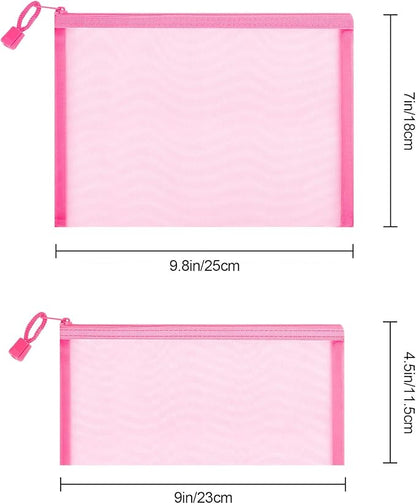 12 Pieces Zipper Nylon Mesh Pouch, Mesh Cosmetic Bags Makeup Bags Pencil Case, Multipurpose Travel Bags for Cosmetic School Office Supplies and Travel Accessories (Pink, A5+B6) (WB06)