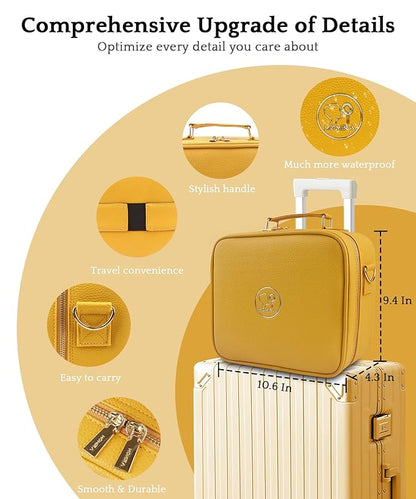 MOMIRA Travel Makeup Bag Cosmetic Bag with Lighted Mirror, Adjustable Brightness in 3 Color Scenarios/Detachable makeup mirror, All-round Upgrade, Waterproof, Gift for Women -Yellow