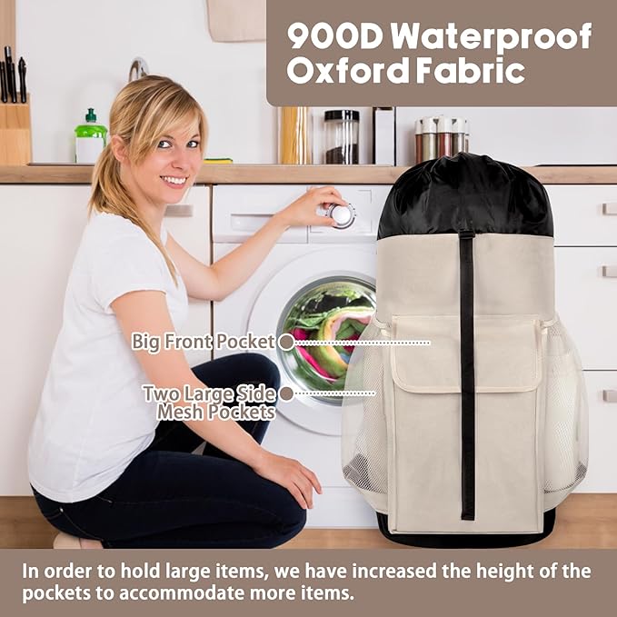 Laundry Backpack Bag, 132L Extra Large Heavy Duty Laundry Backpack for College Dorm Essentials, Laundry Hamper Travel Bag with Shoulder Straps and Mesh Wash Bags for Laundromat, Apartment Khaki