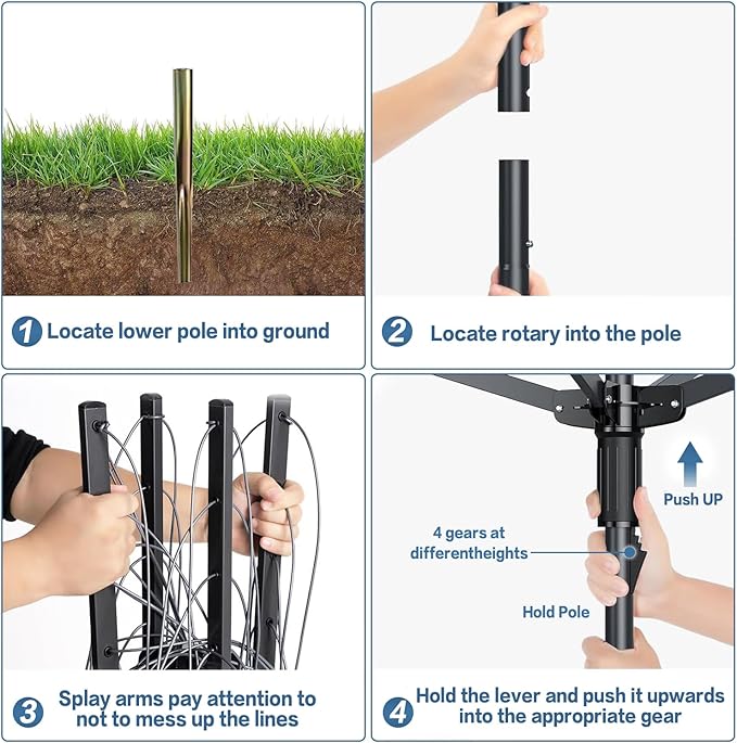 A-xctoe Rotary Outdoor Umbrella Drying Rack Adjustable Height Clothesline w/Waterproof Protective Cover Folding Rotary Dryer with 4-Aluminum Arms and Steel Post | 12-Lines with 165 ft Clothesline