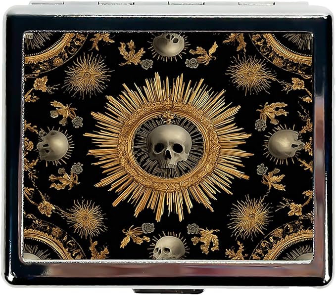 7 Days Chromed Shiny Silver Pill Organizer with Mirror Inside Has 8 Separate Compartments Rectangle,Versatile Storage for Medication - Ideal Travel Accessory (The Skeleton in The Center)