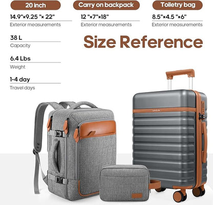 UKEIN Luggage Sets 3 Piece, Carry On Luggage 20In With Spinner Wheels,PC Hardside Suitcase Set with TSA Lock,Durable Carry On Suitcase With Travel Backpack for Men (Grey, 3 piece set (20inch))
