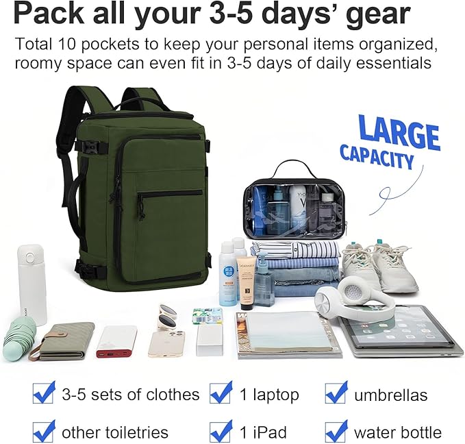 Carry On Travel Backpack Flight Approved Laptop Backpack Business Work Backpack for Women Men Large Capacity Casual Daypack with Wet/Dry Separation Pockets, Dark Green