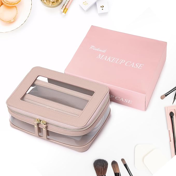 Pinkmik Clear Makeup Bag with Brush Case Travel Toiletry Bag Waterproof Cosmetic Organizer Car Essentials for Women (Pink, M+SLIM-1)
