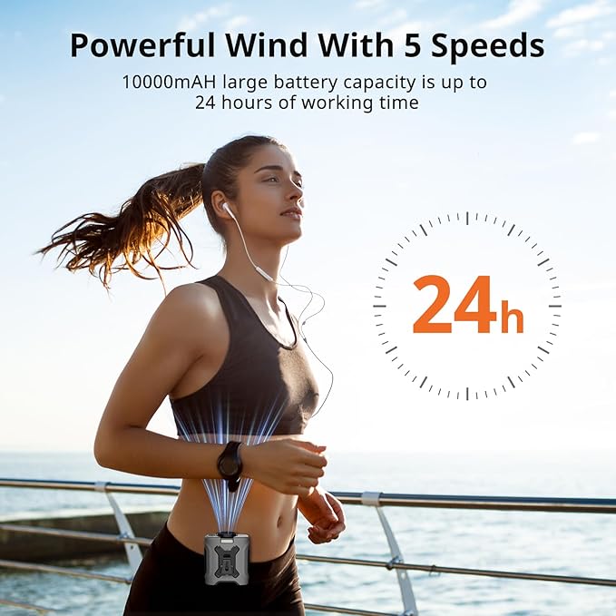 Portable Waist Fan 10000mAh Portable Waist Fan 18000RPM Neck Fan With Max 12H Working Time 5 Speeds adjustment with LED flashlight and Charging display Cooling for Outdoor Jobsite and etc