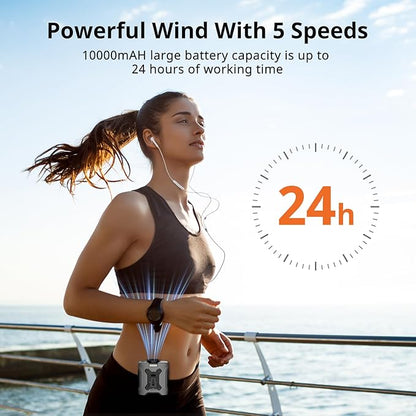 Portable Waist Fan 10000mAh Portable Waist Fan 18000RPM Neck Fan With Max 12H Working Time 5 Speeds adjustment with LED flashlight and Charging display Cooling for Outdoor Jobsite and etc