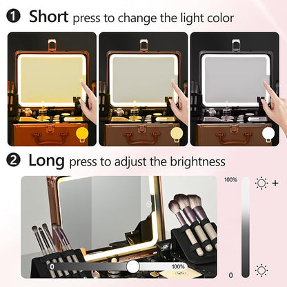 Rose Gold Makeup Case with Lighted Mirror, Detachable LED Mirror, Travel Makeup Train Case, Waterproof Cosmetic Organizer, Standing Makeup Brush Holder, Gift