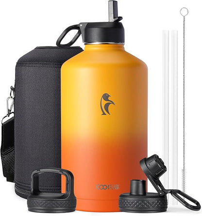 Coolflask 128 oz Gallon Water Bottle Insulated with Straw&3 Lids, Water Jug Large Stainless Steel Metal Vacuum Wide Mouth for Sports, Gym or Office, Non-BPA Keep Cold 48H Hot 24H, Ombre Yellow/Orange