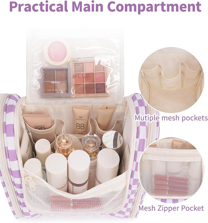 Narwey Checked Hanging Travel Toiletry Bag for Women, Travel Bag for Toiletries, Makeup Bag Organizer Cosmetic Bags Make Up Bags for Women (Purple Checkerboard)