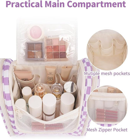 Narwey Checked Hanging Travel Toiletry Bag for Women, Travel Bag for Toiletries, Makeup Bag Organizer Cosmetic Bags Make Up Bags for Women (Purple Checkerboard)