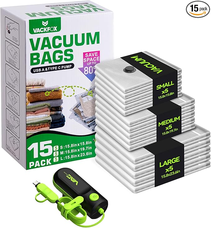 Vacuum Bags for Travel with USB and TYPE C Pump, 15 Pack Carry-on Size Compression Packing Bags for Luggage and Suitcase, Space Saver for Clothes and Clothing Travel（Green）
