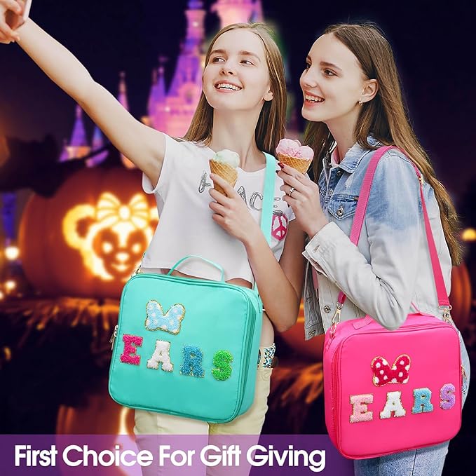 Chenille Letter Bow Mouse Ears Travel Case, Park Ears Headband Holder Hair Accessories Organizer Bag for Girls Women Kids Adults, Large Makeup Bag Snack Bags with Zipper for Travel Picnic - Cyan