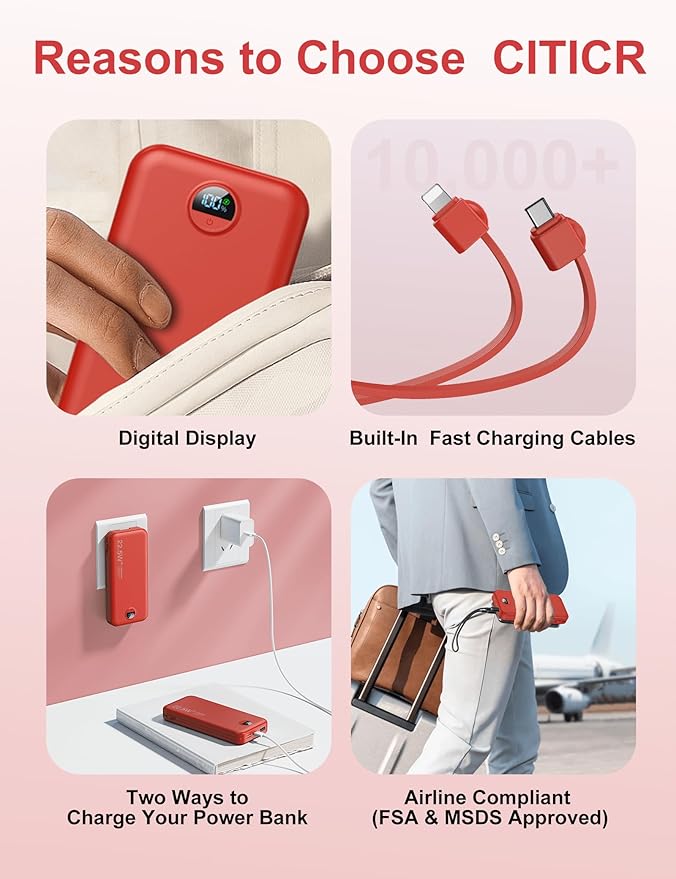 Portable Charger Power Bank, 12000mAh 22.5W USB C Fast Charging with Built-in Cables & Wall Plug, 5-in-1 Battery Pack with LED Display, Ultimate Travel Essential for iPhone, iPad, Samsung Red