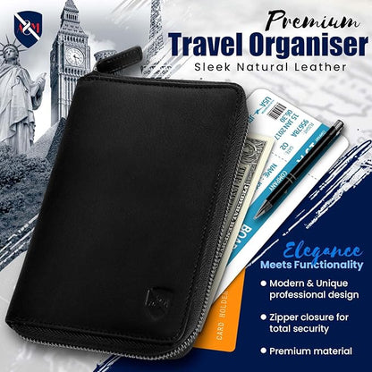 ALLEN & MATE Passport Holder Travel Wallet, 100% Leather RFID Blocking Travel Document Organiser for Men & Women