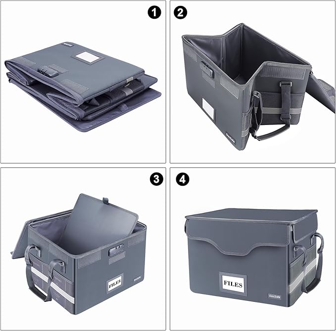 DocSafe Fireproof Document Box with Lock,File Storage Organizer with Zipper Pockets,Collapsible Portable File Box Home Office Safe Filing Cabinet with Handle for Hanging Letter/Legal Folders,Gray