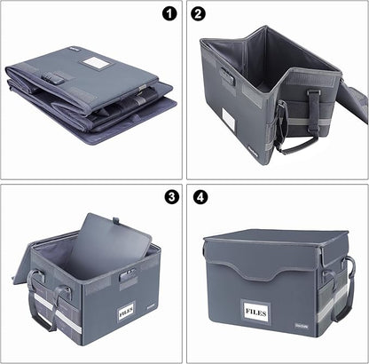 DocSafe Fireproof Document Box with Lock,File Storage Organizer with Zipper Pockets,Collapsible Portable File Box Home Office Safe Filing Cabinet with Handle for Hanging Letter/Legal Folders,Gray