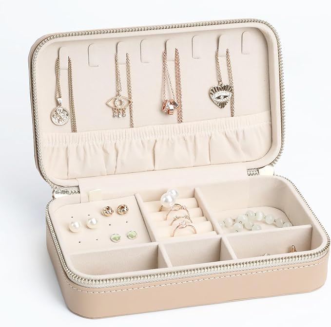 Leather Jewelry Box Women's Travel Jewelry Organizer with Zippered Design Tangle-Free Storage for Necklaces, Earrings, and Bracelets, Luxury Gift Box Apricot