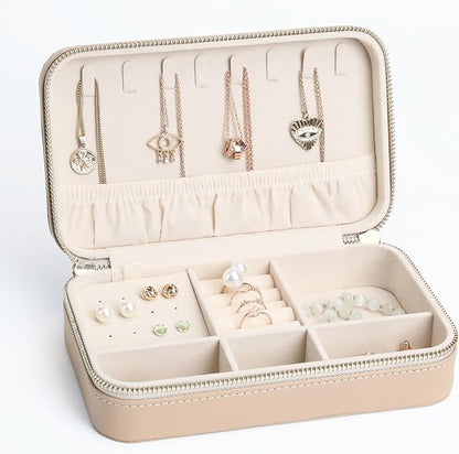 Leather Jewelry Box Women's Travel Jewelry Organizer with Zippered Design Tangle-Free Storage for Necklaces, Earrings, and Bracelets, Luxury Gift Box Apricot