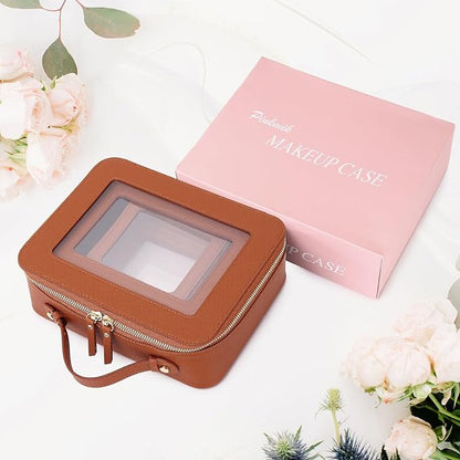 Pinkmik Clear Makeup Bag Waterproof Travel Case for Cosmetics and Toiletries Women's Purse Organizer and Clear Car Bag with Zipper (X/Brown, L+M+MINI)