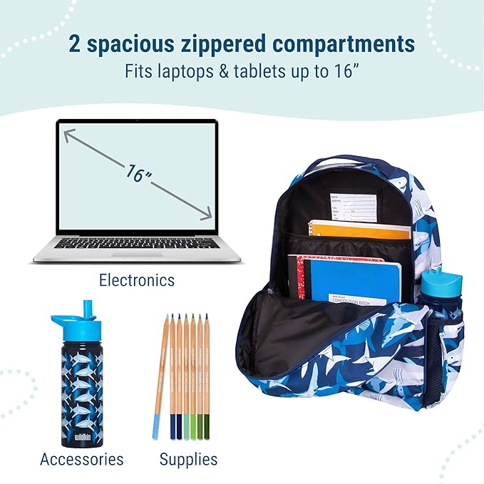 Wildkin ECO rPET 17-inch Large Backpack – Sustainable, Padded, Adjustable – Sharks