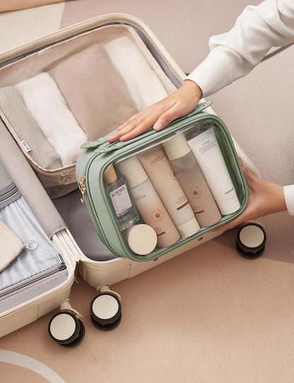 Clear Cosmetic Bag Double Layer Travel Toiletry Bag Clear Makeup Bag Case with 4 Compartments, Transparent Travel Bag for Toiletries, Large Toiletry Bag for Women Cosmetic Case (Sage Green, Large)