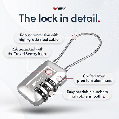 TSA Accepted Luggage Travel Lock, Set-Your-Own Combination Lock for School Gym Locker, Luggage Suitcase Baggage Locks, Filing Cabinets, Toolbox, Case (Silver, 4 Pack)