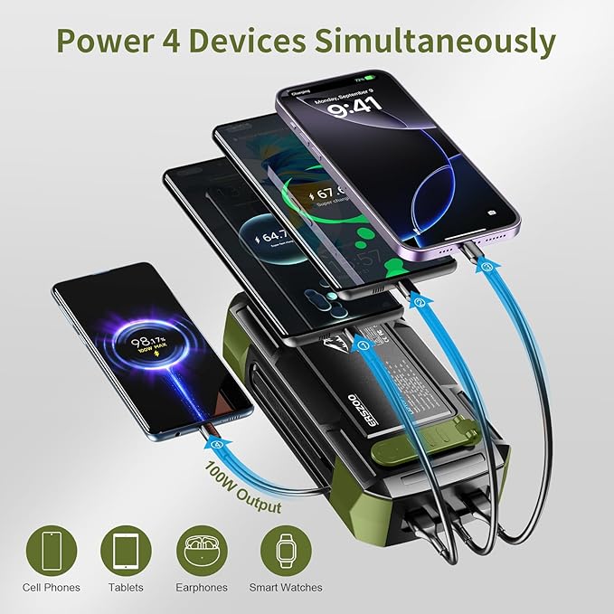 Solar Charger Power Bank 73200mAh, Portable Laptop Charger with 100W USB-C in/Output, Built-in Cables, Hand Crank Power Bank for Mobile Phones, Ideal for Outdoor Use with SOS/Strobe/Strong (green)