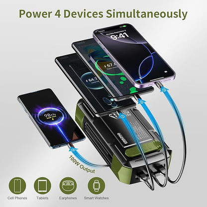 Solar Charger Power Bank 73200mAh, Portable Laptop Charger with 100W USB-C in/Output, Built-in Cables, Hand Crank Power Bank for Mobile Phones, Ideal for Outdoor Use with SOS/Strobe/Strong (green)