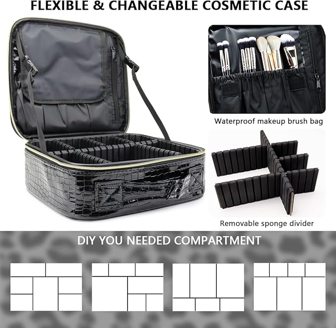 Travel Makeup Train Case Cosmetic Case Organizer Portable Artist Storage Bag with Adjustable Dividers for Cosmetics Makeup Brushes Toiletry Jewelry Digital Accessories (Black)