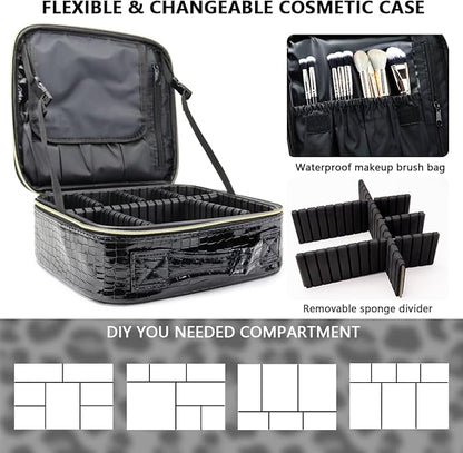 Travel Makeup Train Case Cosmetic Case Organizer Portable Artist Storage Bag with Adjustable Dividers for Cosmetics Makeup Brushes Toiletry Jewelry Digital Accessories (Black)