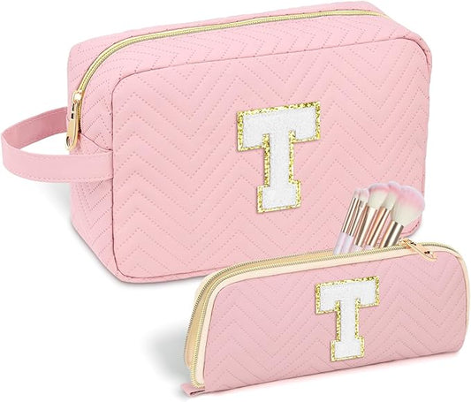 Personalized Initial Makeup Bag Trendy Stuff Leather Waterproof Cosmetic Bag Travel Toiletry Bag, Christmas/Thanksgiving/Halloween Gifts Makeup Organizer Case for Women Girls Mom Girlfriend Wife