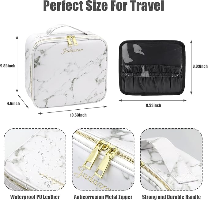 Makeup Bag with Mirror and Light, Makeup Case with Lighted Mirror, Travel Makeup Bag with Light up Mirror 3 Color Lights, Makeup Organizer Bag with Adjustable Dividers & Brush Holder(Marble)
