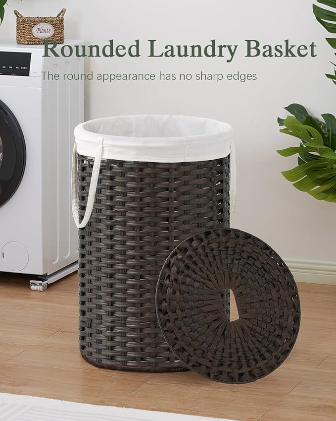 Large Laundry Hamper Laundry Basket Round 34.3 Gal (130 L) Handwoven Wicker Laundry Baskets Rattan Laundry Basket with Laundry Bag Handles 2 Mesh Bags for Living Room Bedroom Brown
