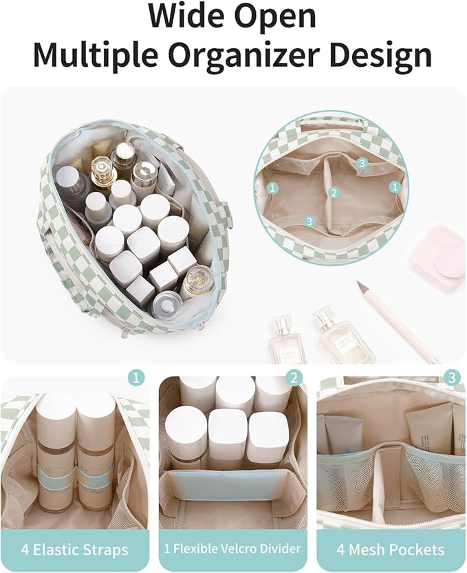 Narwey Travel Toiletry Bag, Wide-open Large Toiletry Bags for Traveling Women, Checkered Travel Bag for Toiletries Cosmetic Makeup Bag Organizer, Skincare Make Up Bag (Mint Green Checkerboard)