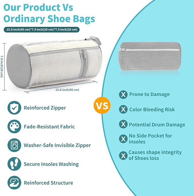 Shoe Washing Machine Bag: 2 pcs Shoe Bag for Washing Machine and dryer - Durable Zipper - 360° Deep Clean - Reusable laundry Bag for Sneaker/Slippers/Tennis/Runing Shoes & Insole(White)