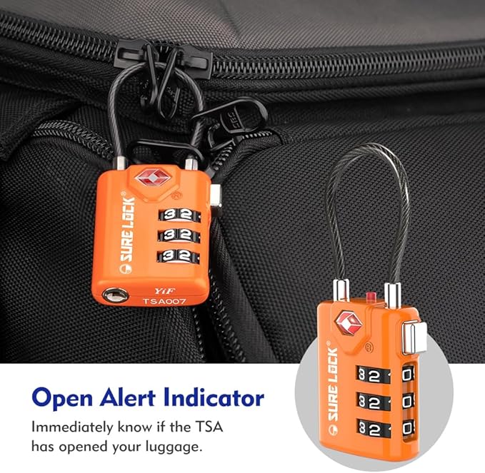 SURE LOCK TSA Approved Combination Luggage Locks with Open Alert Indicator – Durable Zinc Alloy Cable Travel Locks with Large Easy-Read Dials for Suitcases, Backpacks & Gym Bags Orange 4 Pack