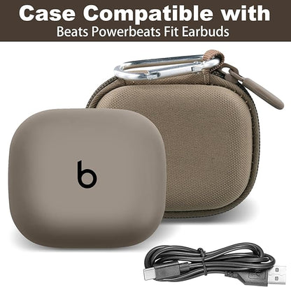 co2CREA Hard Case for Beats Powerbeats Fit with Carabiner Clip, Shockproof Earbuds Storage Box – Protective Travel Cover for Wireless Noise Cancelling Earbuds (Sand Case)
