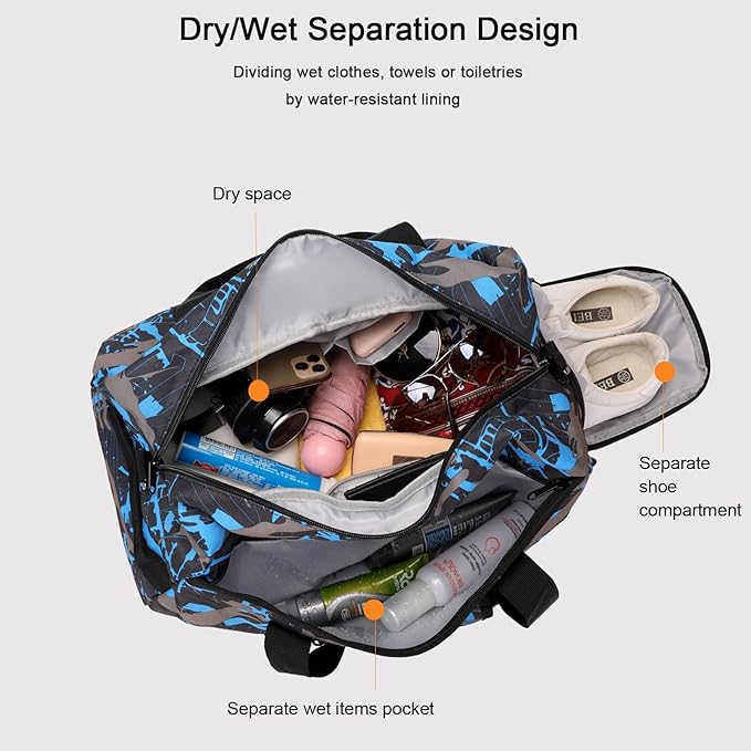 Octsky Sports Duffel Bag Gym Bag with Shoe Compartment Small Travel Overnight Bag Weekender Bag (Blue-Graffiti)