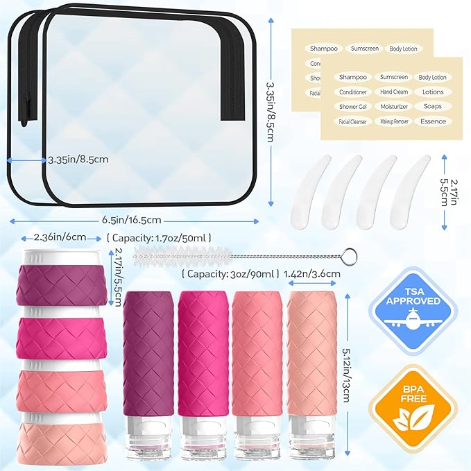16 Pack Travel Bottles for Toiletries, TSA Approved Travel Size Toiletries Containers Set BPA-Free Silicone Leak Proof Refillable Bottles Stackable Creams Jars Accessories Kit W/Clear Bag Purplish Red