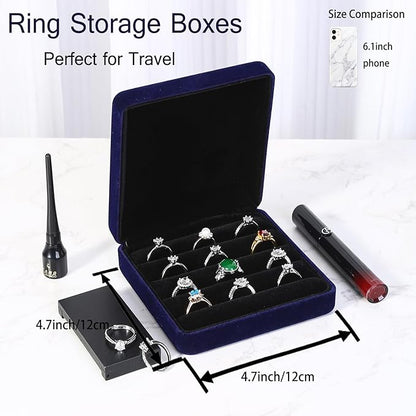 Ring Storage Boxes for Multiple Rings, Velvet Compact and Stylish Travel Jewelry case, Portable Small jewelry Organizer Box Tray Gift for Women, Girl(Blue)