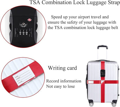 Luggage Straps for Suitcases TSA Approved Heavy Duty Adjustable Travel Belt Cross Suitcase Belts Luggage Tags with Name ID Card Travel Accessories Fit for 20-32 Inch Suitcase (Black)