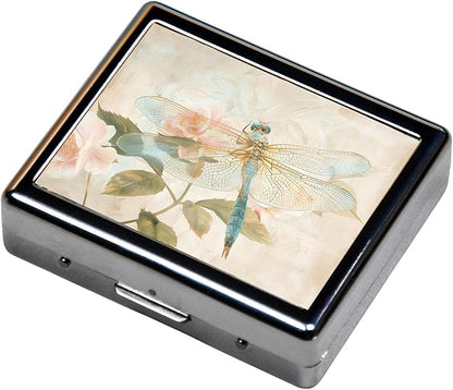 7 Days Chromed Shiny Silver Pill Organizer with Mirror Inside Has 8 Separate Compartments Rectangle,Versatile Storage for Medication - Ideal Travel Accessory (Watercolor Dragonflies)