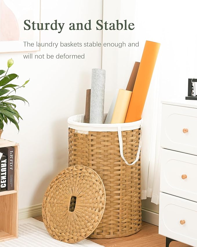 Large Laundry Hamper Laundry Basket Round 34.3 Gal (130 L) Handwoven Wicker Laundry Baskets Rattan Laundry Basket with Laundry Bag Handles 2 Mesh Bags for Living Room Bedroom Natural